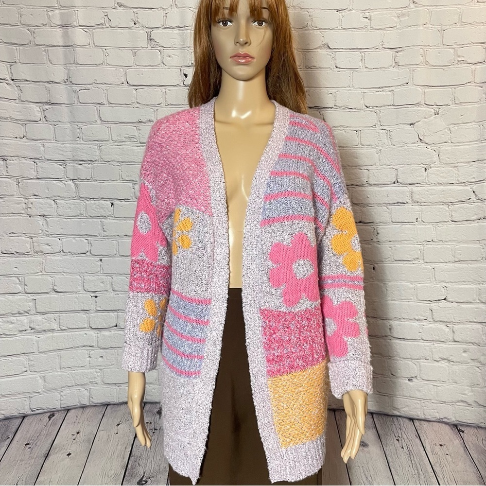 NWT New Sincerely Jules Floral Patchwork Wool Blend Open Front Cardigan Size XS